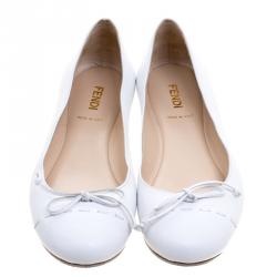 Pre Owned Fendi White Leather Bow Ballet Flats Size 39