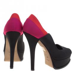 Pre Owned Fendi Tricolor Colorblock Canvas Fendista Peep Toe Platform Pumps Size 40.5