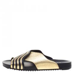 Pre Owned Fendi Black and Gold Leather Wave Slides Size 40