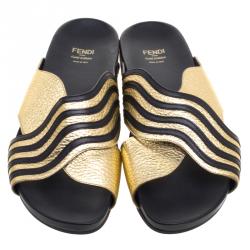 Pre Owned Fendi Black and Gold Leather Wave Slides Size 40