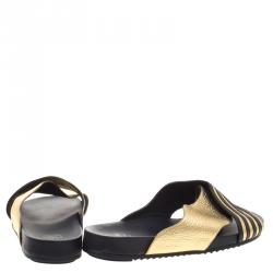 Pre Owned Fendi Black and Gold Leather Wave Slides Size 40