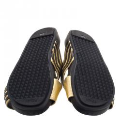 Pre Owned Fendi Black and Gold Leather Wave Slides Size 40