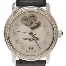 Frederique Constant White Mother of Pearl Stainless Steel Double Heartbeat Diamond Women's Wristwatch 34MM