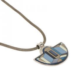 Pre Owned Frey Wille Half Moon Geometric Blue and Gold Enamel Silver Mesh Chain Pendant Necklace
