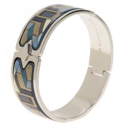 Pre Owned Frey Wille Geometric Blue and Gold Enamel Palladium Plated Royal Clasp Bracelet