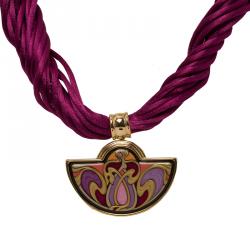Pre Owned Frey Wille Halfmoon Fire Enamel Pendant With Magenta Silk Torsade Gold Plated Necklace