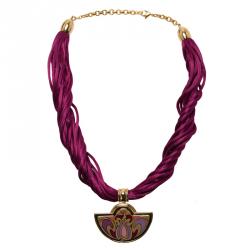 Pre Owned Frey Wille Halfmoon Fire Enamel Pendant With Magenta Silk Torsade Gold Plated Necklace