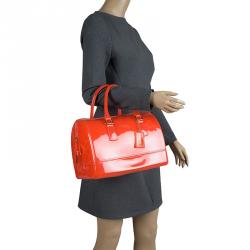 Pre Owned Furla Red Orange Glossy Rubber Candy Satchel