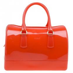 Pre Owned Furla Red Orange Glossy Rubber Candy Satchel
