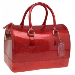 Pre Owned Furla Red Glitter Rubber Candy Satchel Bag