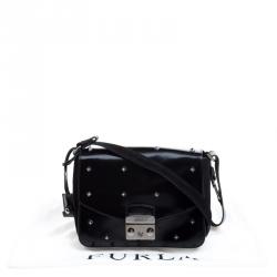 مملوكة مسبقًا Furla Black Glossy Leather and Suede Studded Metropolis Shoulder Bag
