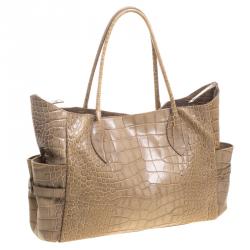 Pre Owned Furla Beige Croc Embossed Leather Tote