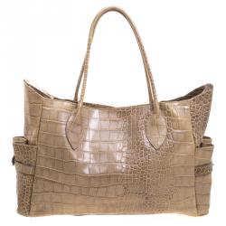 Pre Owned Furla Beige Croc Embossed Leather Tote
