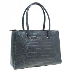 Pre Owned Furla Grey Croc Embossed Leather Large Lotus Tote