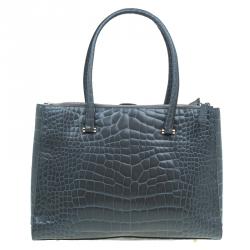 Pre Owned Furla Grey Croc Embossed Leather Large Lotus Tote