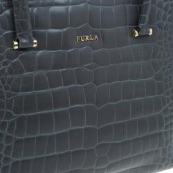 Pre Owned Furla Grey Croc Embossed Leather Large Lotus Tote