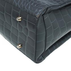 Pre Owned Furla Grey Croc Embossed Leather Large Lotus Tote