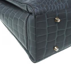 Pre Owned Furla Grey Croc Embossed Leather Large Lotus Tote