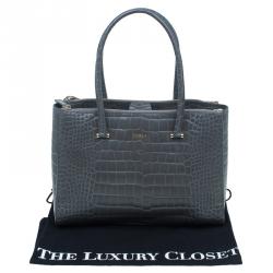 Pre Owned Furla Grey Croc Embossed Leather Large Lotus Tote