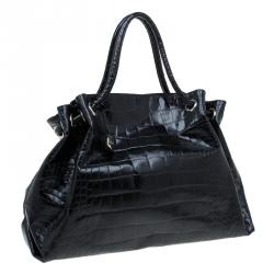 Pre Owned Furla Black Croc Embossed Leather Carmen Tote
