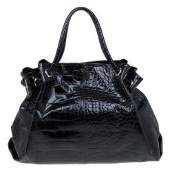 Pre Owned Furla Black Croc Embossed Leather Carmen Tote