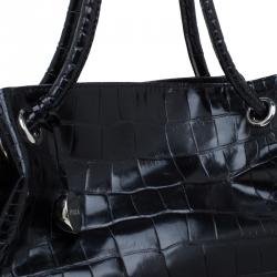 Pre Owned Furla Black Croc Embossed Leather Carmen Tote
