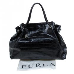 Pre Owned Furla Black Croc Embossed Leather Carmen Tote