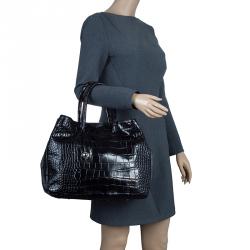 Pre Owned Furla Black Croc Embossed Leather Double Handle Tote