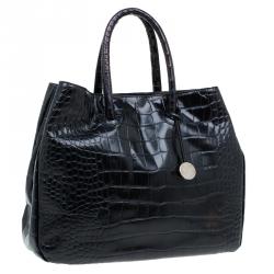 Pre Owned Furla Black Croc Embossed Leather Double Handle Tote
