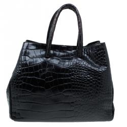 Pre Owned Furla Black Croc Embossed Leather Double Handle Tote