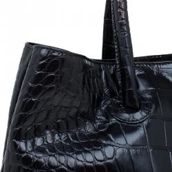 Pre Owned Furla Black Croc Embossed Leather Double Handle Tote