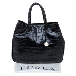 Pre Owned Furla Black Croc Embossed Leather Double Handle Tote
