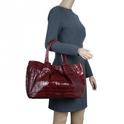 Pre Owned Furla Brown Croc Embossed Leather Pompidou Tote