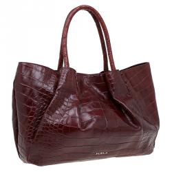 Pre Owned Furla Brown Croc Embossed Leather Pompidou Tote
