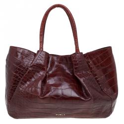 Pre Owned Furla Brown Croc Embossed Leather Pompidou Tote