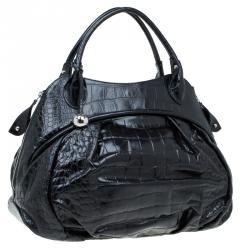 Pre Owned Furla Black Croc Embossed Leather Clara Satchel