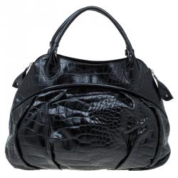 Pre Owned Furla Black Croc Embossed Leather Clara Satchel