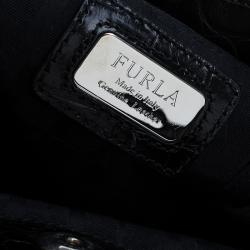 Pre Owned Furla Black Croc Embossed Leather Clara Satchel