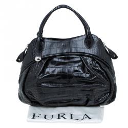 Pre Owned Furla Black Croc Embossed Leather Clara Satchel