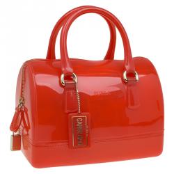 Pre Owned Furla Red Orange Glossy Rubber Mini Candy Satchel