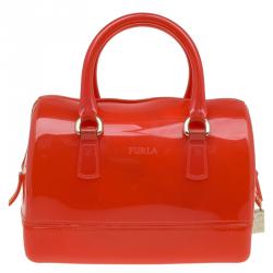 Pre Owned Furla Red Orange Glossy Rubber Mini Candy Satchel