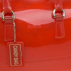 Pre Owned Furla Red Orange Glossy Rubber Mini Candy Satchel