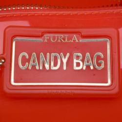 Pre Owned Furla Red Orange Glossy Rubber Mini Candy Satchel