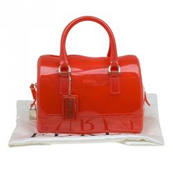 Pre Owned Furla Red Orange Glossy Rubber Mini Candy Satchel