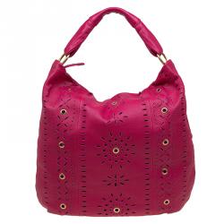 Pre Owned Furla Fuchsia Leather Laser Cut Hobo