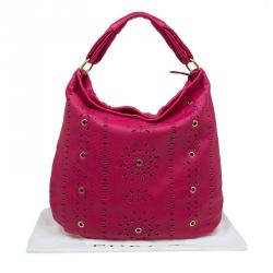 Pre Owned Furla Fuchsia Leather Laser Cut Hobo