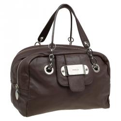Pre Owned Furla Brown Leather Double Zip Bowling Bag 