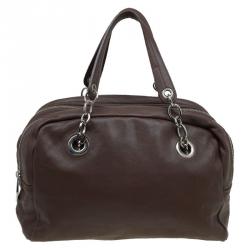 Pre Owned Furla Brown Leather Double Zip Bowling Bag 