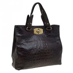 Pre Owned Furla Dark Brown Croc Embossed Leather New Appaloosa Tote