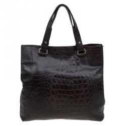 Pre Owned Furla Dark Brown Croc Embossed Leather New Appaloosa Tote